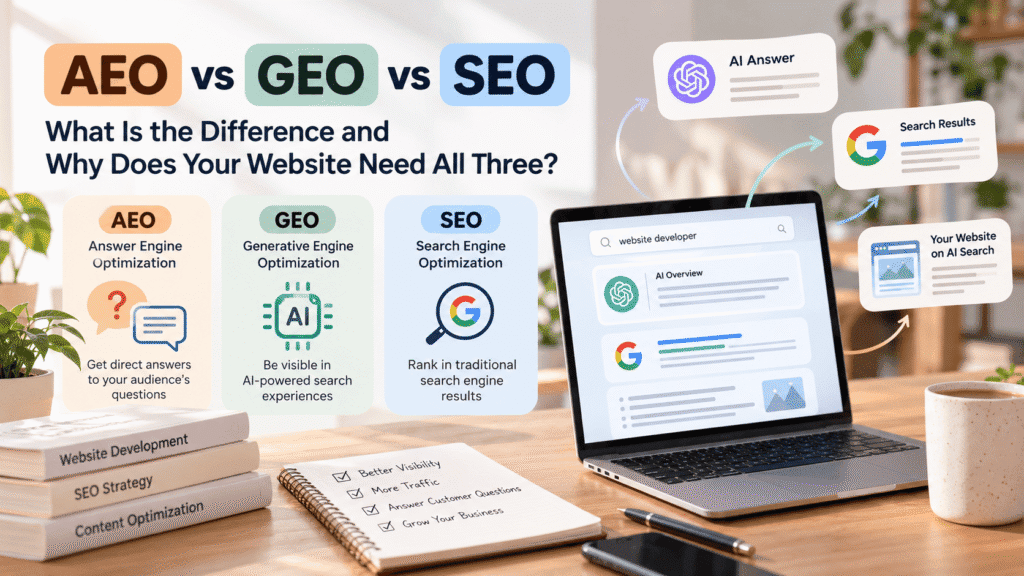 AEO vs GEO vs SEO comparison showing answer engine optimization, generative engine optimization, and search engine optimization