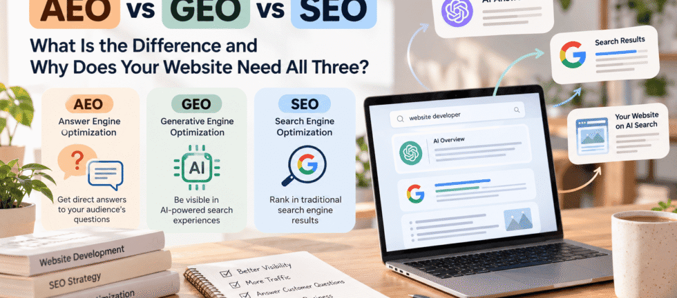 AEO vs GEO vs SEO comparison showing answer engine optimization, generative engine optimization, and search engine optimization